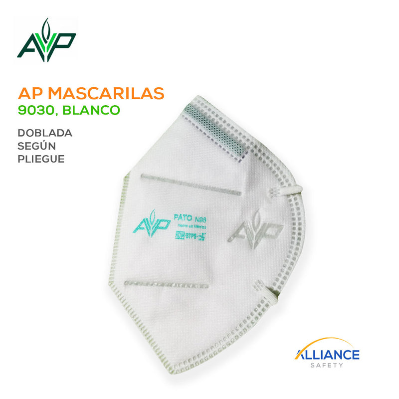 Respirador o mascarilla desechable N95 Modelo 9030, AP Mascarillas (plegable) . Con clip nasal moldeable acojinado y doble elástico, totalmente anatómico lo que permite un ajuste perfecto