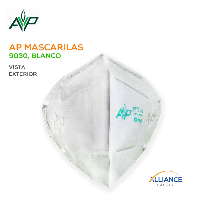 Respirador o mascarilla desechable N95 Modelo 9030, AP Mascarillas (plegable) . Con clip nasal moldeable acojinado y doble elástico,  totalmente anatómico lo que permite un ajuste perfecto