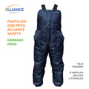 Pantalón con Peto marca Alliance Safety para protección térmica de quien trabaja en cámaras frías, refrigeradores, congeladores y áreas con baja temperatura.  Cuenta con dos amplios bolsillos laterales. Fabricado con tela tiburón (nylon, repelente a agua), tirantes ajustables, forro fiber capitonado y botones de latón.  Color azul marino.  Temperaturas extremas - Frío - áreas de refrigeración