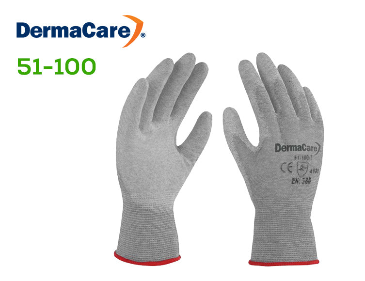 Guante Antiestático DermaCare 51-100. Fabricado en nylon y fibra de carbono con recubrimiento de poliuretano en palma, los guantes antiestáticos compatibles con ESD tienen características bastante similares a los guantes libres de pelusa de nylon normal, con la característica adicional de ser ESD compatibles. 