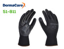 GUANTE DERMACARE 51-811. Guante de nylon negro recubierto de nitrilo sólido negro en la palma. Flexible, con excelente elasticidad, con protección al corte, abrasión y pinchaduras. La ausencia de costuras lo hace un guante altamente confortable, excelente opción par atrabajos con buen agarre en seco.