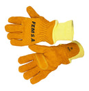 Guante para bombero marca Femsa, fabricado en carnaza extrasuave color oro. Con puños tejidos doble capa de kevlar. Certificado