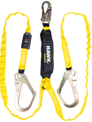 Cable contra caídas Hawk 671. Linea o cuerda flexible de dos brazos que sirve para asegurar el arnés a un punto de anclaje mediante dos ganchos grandes de seguridad por los extremos cuenta con amortiguador externo que disipa el impacto en caso de caída. Cumple con ANSI A10.32-2004  