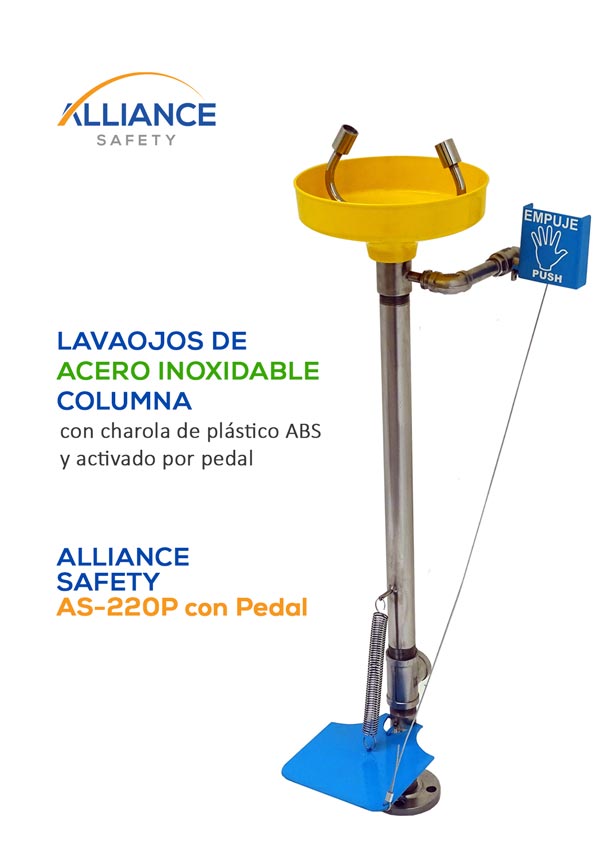 Lavaojos de Columna en Acero Inoxidable con Charola de plástico ABS y Pedal, Alliance Safety AS-220P con Pedal