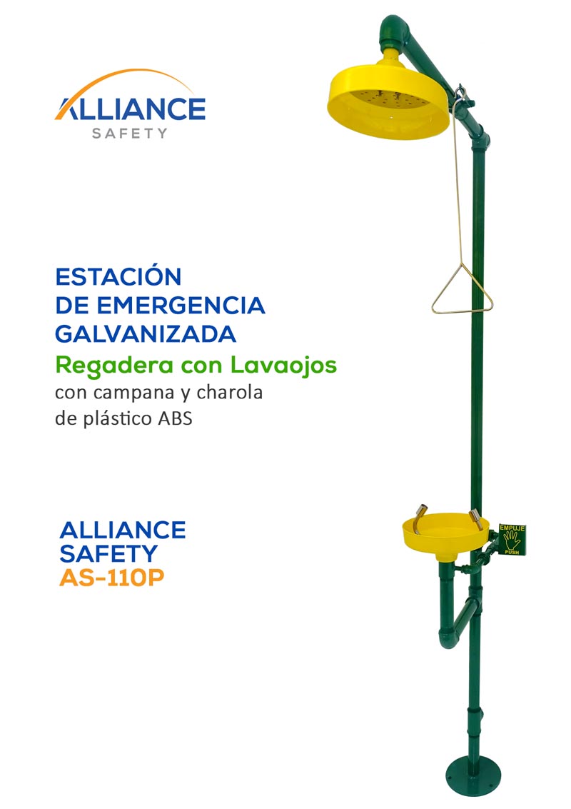 Regadera con Lavaojos Alliance Safety AS-110P: Estación de Emergencia Galvanizada con Campana y Charola plástica ABS