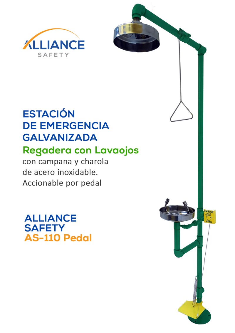 Regadera con Lavaojos Alliance Safety AS-110-Pedal: Estación de emergencia Galvanizada con Campana y Charola de Acero Inoxidable. Lavaojos accionable por Pedal