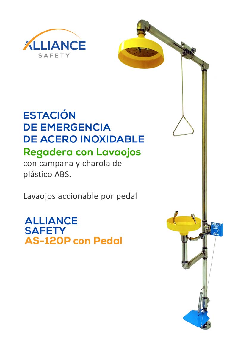 Regadera con Lavaojos Alliance Safety AS-120P con Pedal: Estación de emergencia de Acero Inoxidable con Campana y Charola de plástico ABS. Lavaojos accionado por Pedal