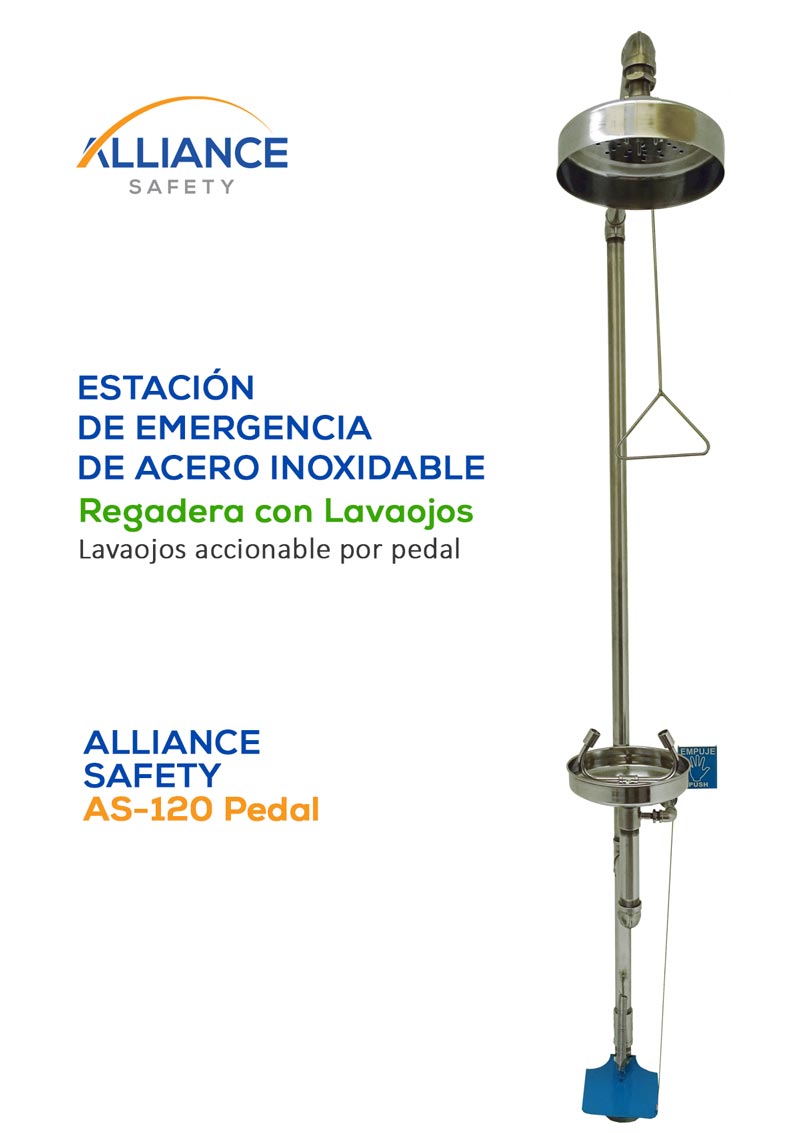Regadera con Lavaojos Alliance Safety AS-120 Pedal: Estación de emergencia de Acero Inoxidable. Lavaojos accionable por pedal.